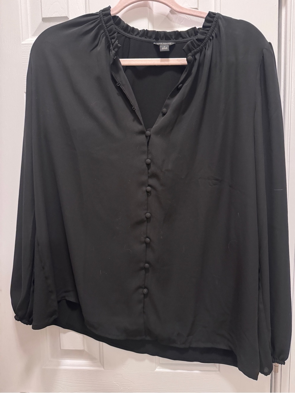 Ann Taylor Black Ruffle-Neck Button-Front Blouse